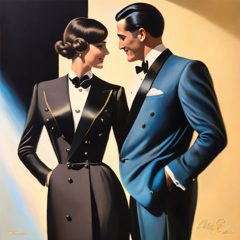 Elegantly dressed couple in blue suit and black dress gazing at each other