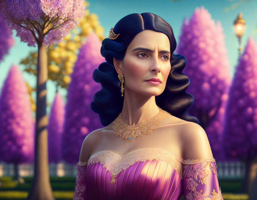 Digital artwork featuring woman with dark hair, golden jewelry, purple dress, vibrant purple trees, and clear