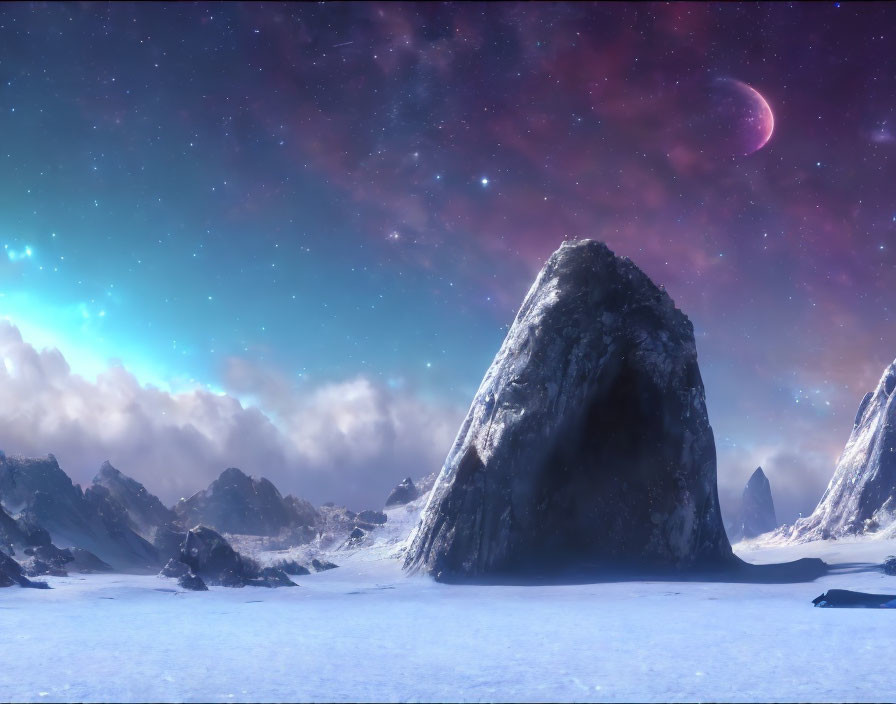 Snow-covered landscape with rocky peaks under starry sky and crescent moon.