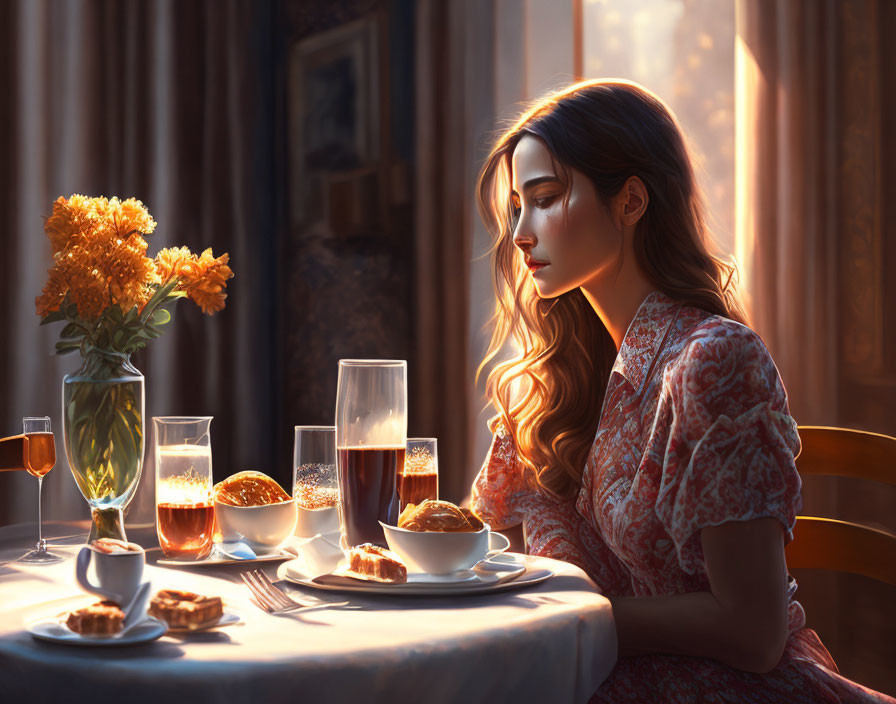 Woman at table with flowers and refreshments in sunlight.