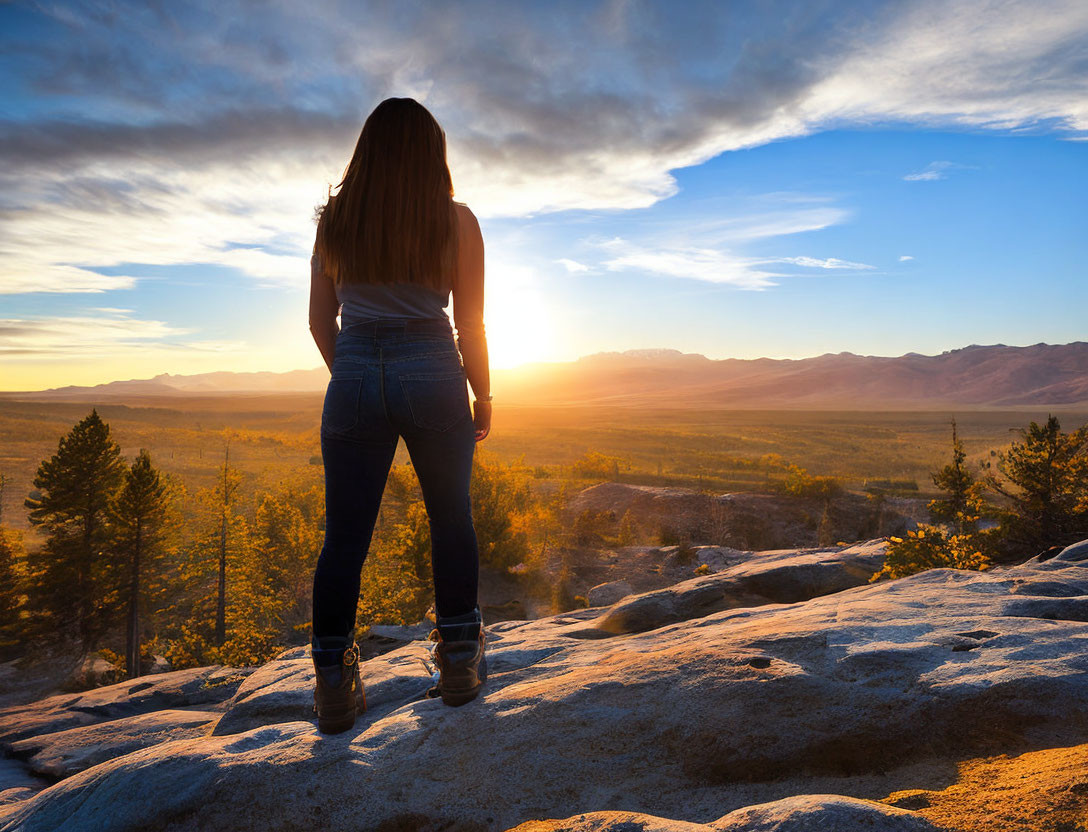 Person overlooking forested valley at sunrise