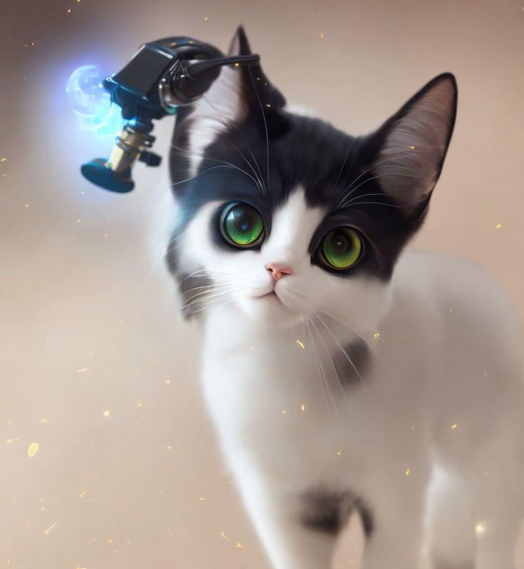 Whimsical digital illustration of a cat with a telescope