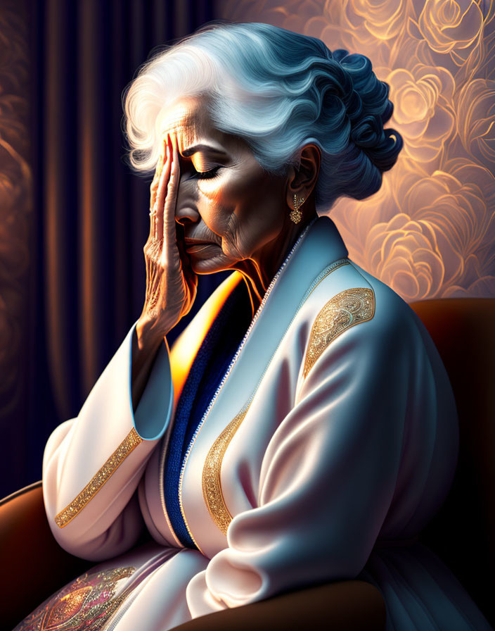Contemplative elderly woman with silver hair in elegant white outfit.