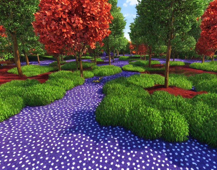 Colorful Computer-Generated Forest with Purple Ground and Red/Green Trees
