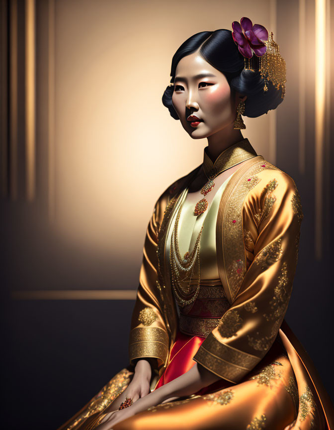 Traditional Asian Attire Woman Sitting with Gold Patterns and Purple Flower