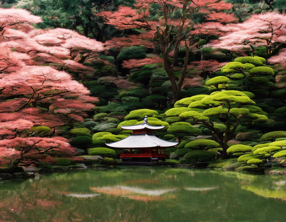 Tranquil Japanese garden with pink cherry blossoms, green bushes, and red-roofed pav