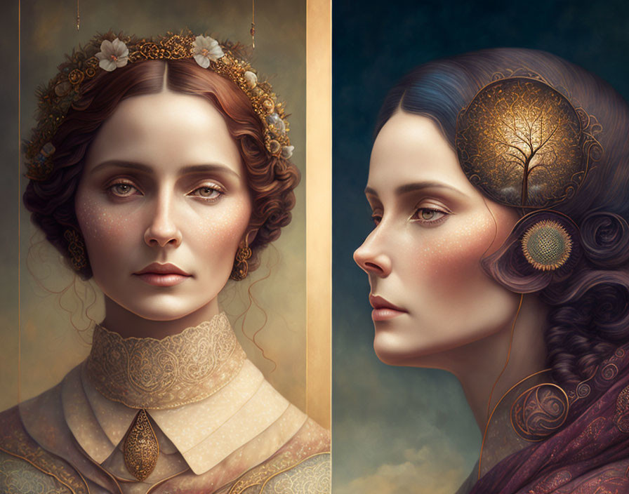 Portraits of woman in ornate headpieces: one gold with flowers, the other with golden fil