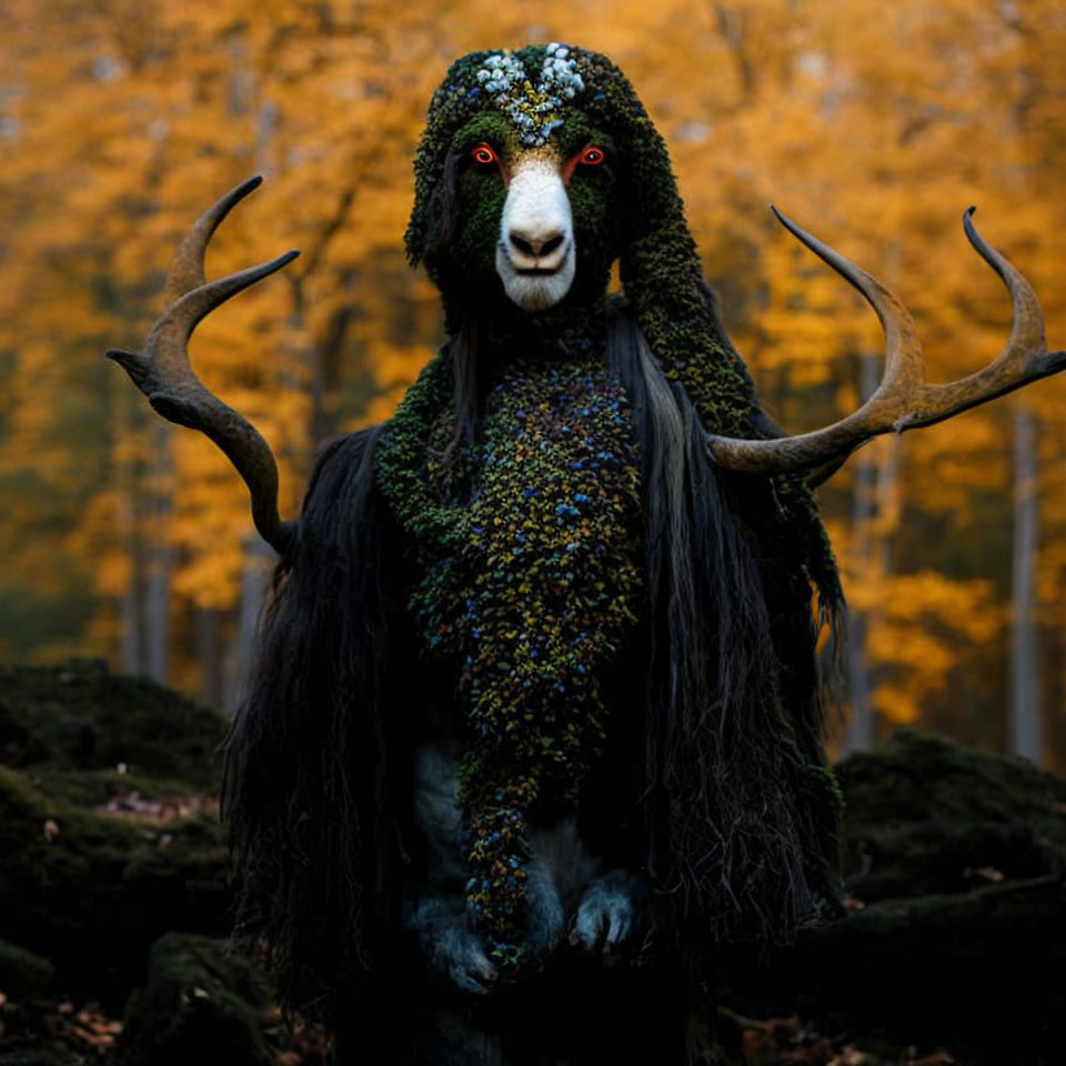 Elaborate animal-inspired costume in autumn forest setting