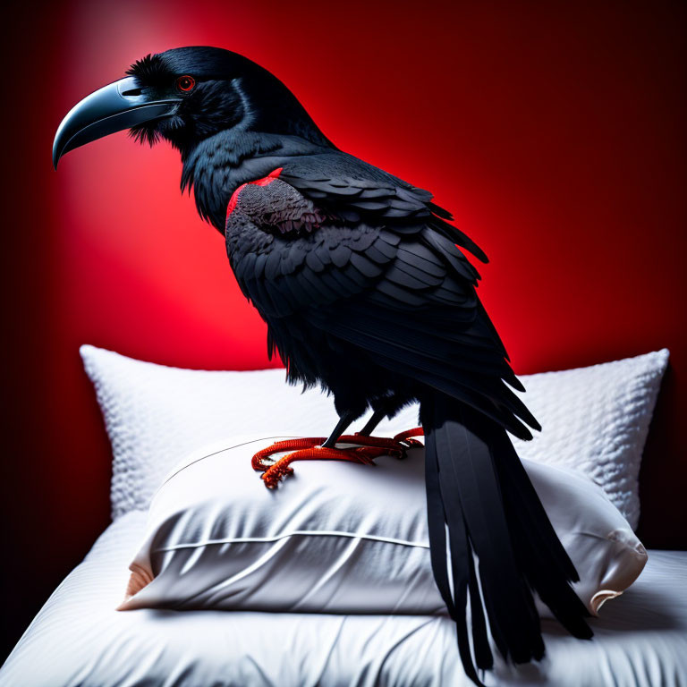 Black raven on white pillow against dark red background: glossy feathers and piercing gaze