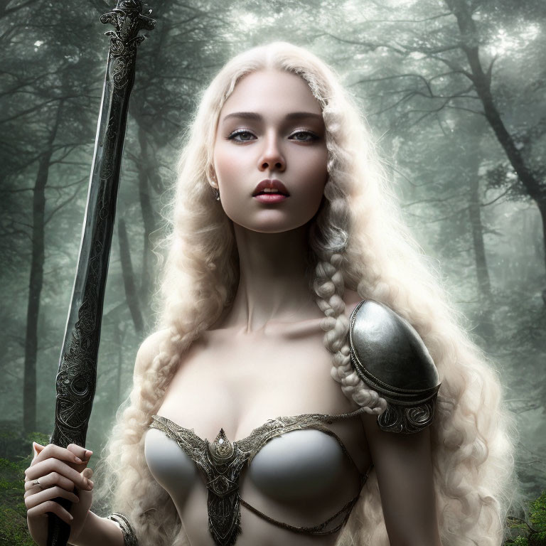Blonde woman in armor with sword in misty forest