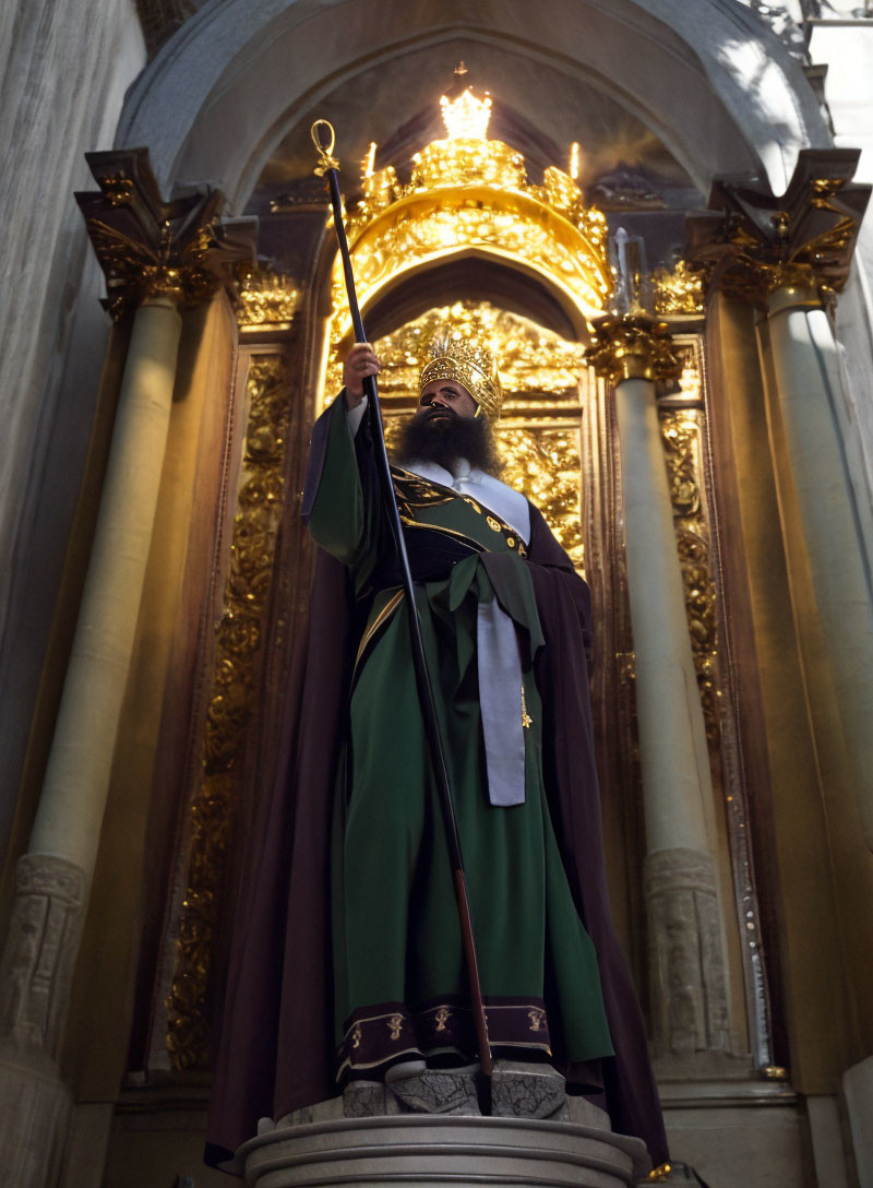 Regal bearded figure statue in green and purple robes with golden crown and scepter in ornate