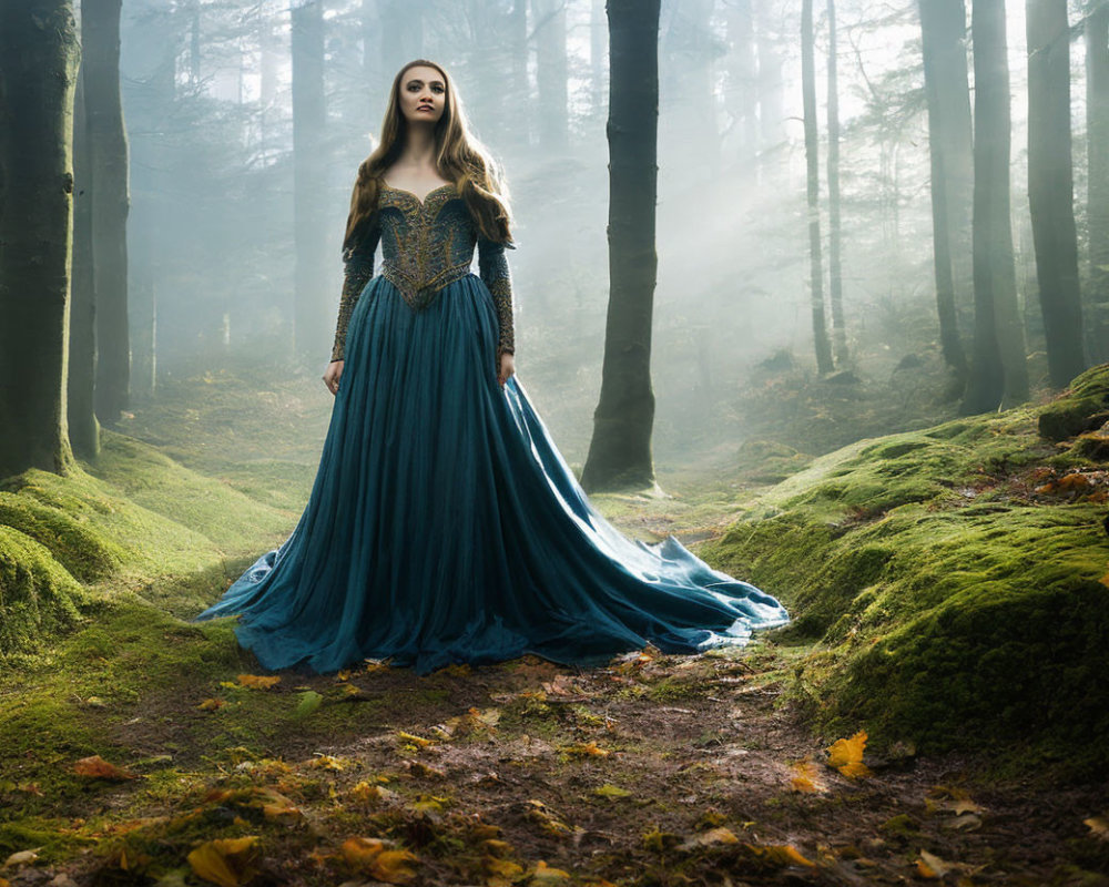 Elegant person in blue gown in misty green forest with sunlight
