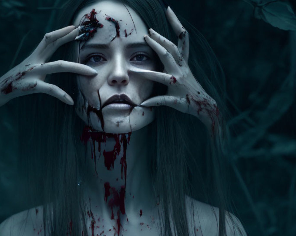 Woman with blood on hands covering eye and mouth against dark foliage background