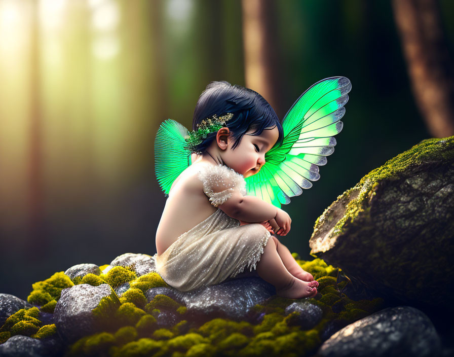 Infant with bird wings in enchanted forest scene