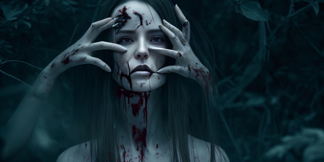Woman with blood on hands covering eye and mouth against dark foliage background
