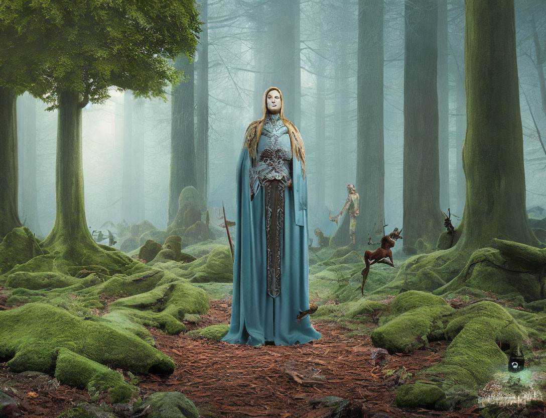 Mystical figure in blue robe in ethereal forest with deer