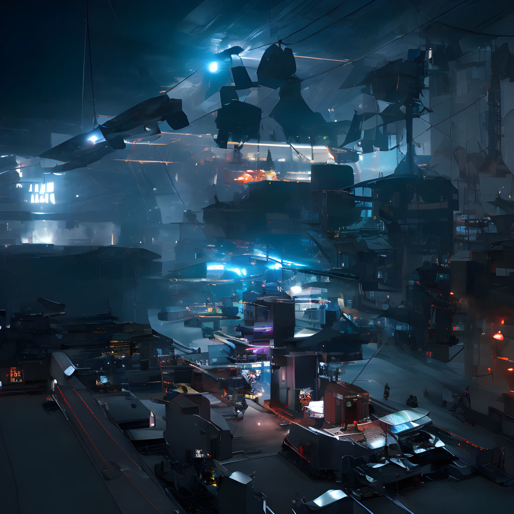 Futuristic Night Cityscape with Layered Architecture and Hover Vehicles