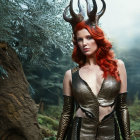 Red-haired woman with antlers in metallic outfit in misty forest embodying mystical fantasy.