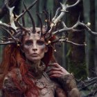 Fantasy portrait of woman with antler headpiece and armor in mystical forest