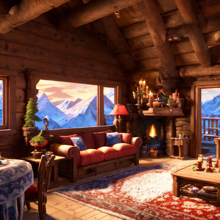Rustic log cabin interior with fireplace, Christmas decor, snowy mountain view.