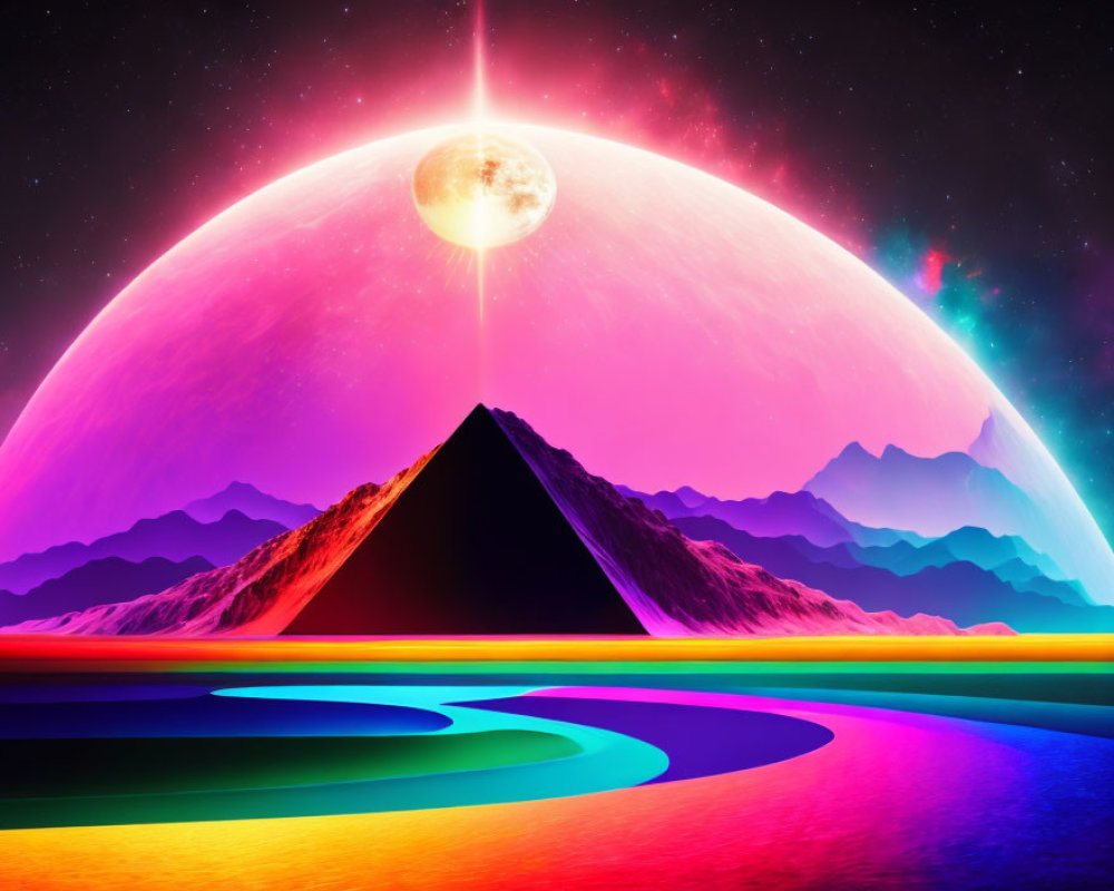 Vibrant digital art landscape with neon colors and moon rising over mountains