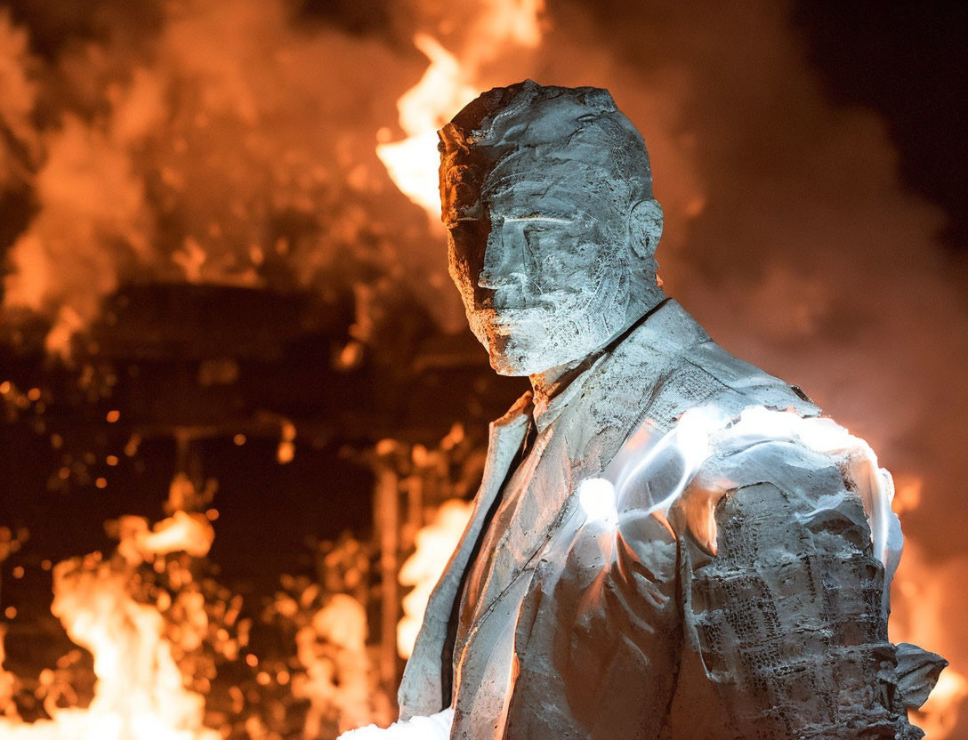 Metal statue of a man glowing in fiery flames