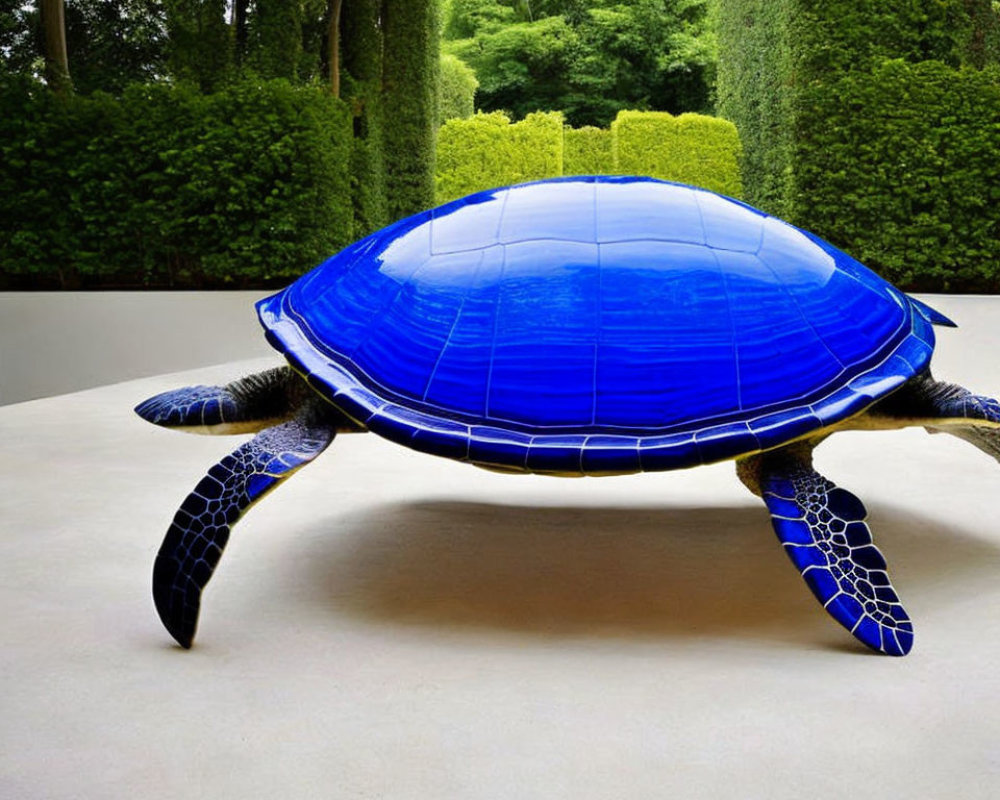 Blue Ceramic Turtle Sculpture Crawling on White Surface Against Green Hedges