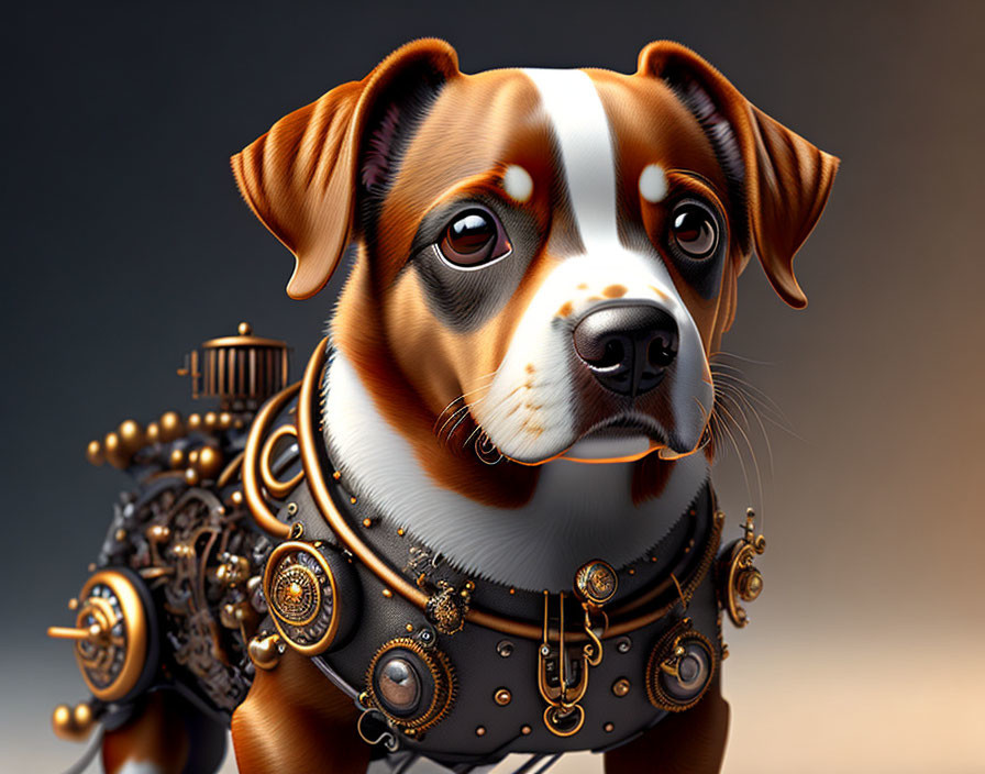 Steampunk-style mechanical dog with intricate gears and brass embellishments