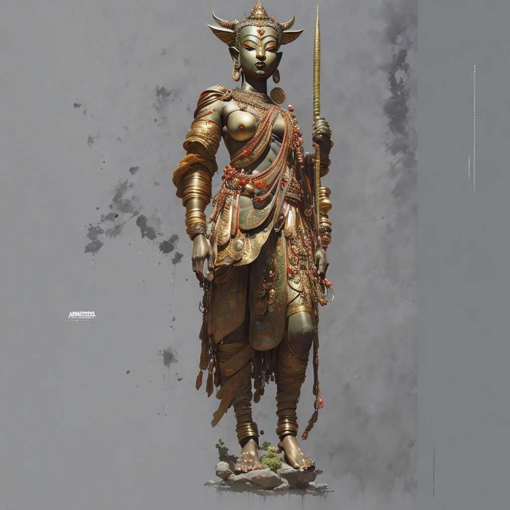 Regal multi-armed figure in gold attire with spear on grey backdrop