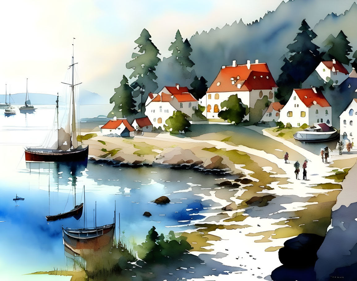 Serene coastal village scene with traditional houses, boats, and forested hills