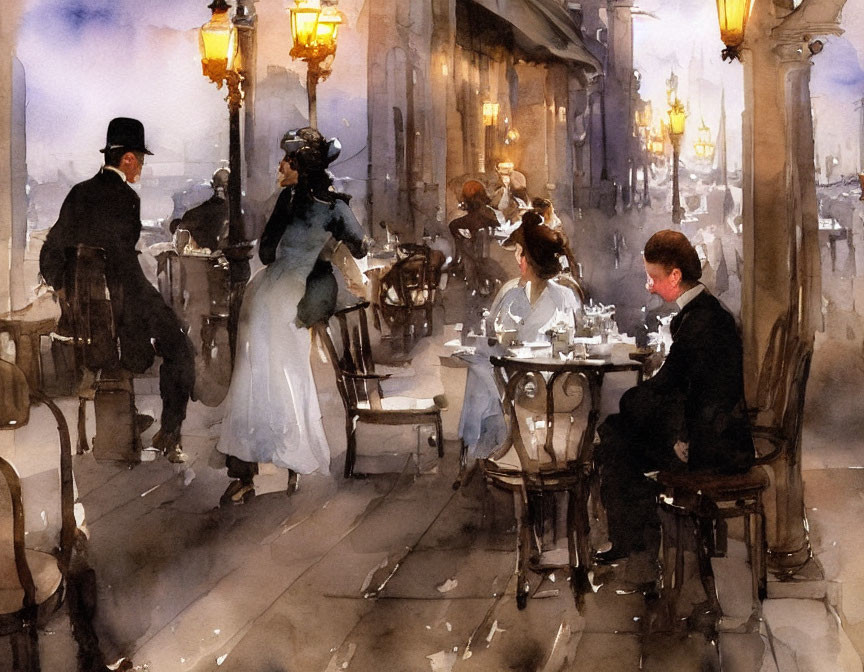 Elegant people socializing on a cafe terrace in a watercolor painting