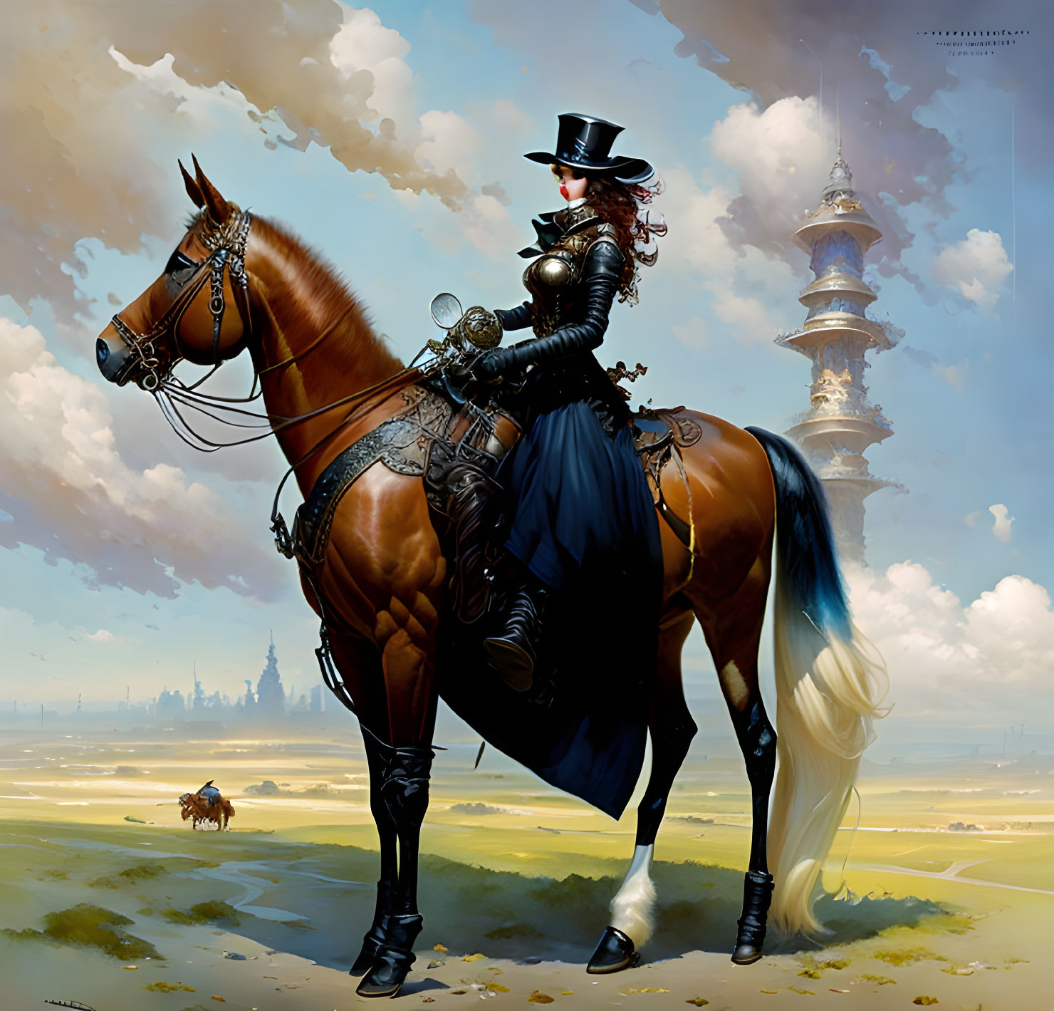 Steampunk-themed illustration of a woman on a mechanical horse in futuristic landscape