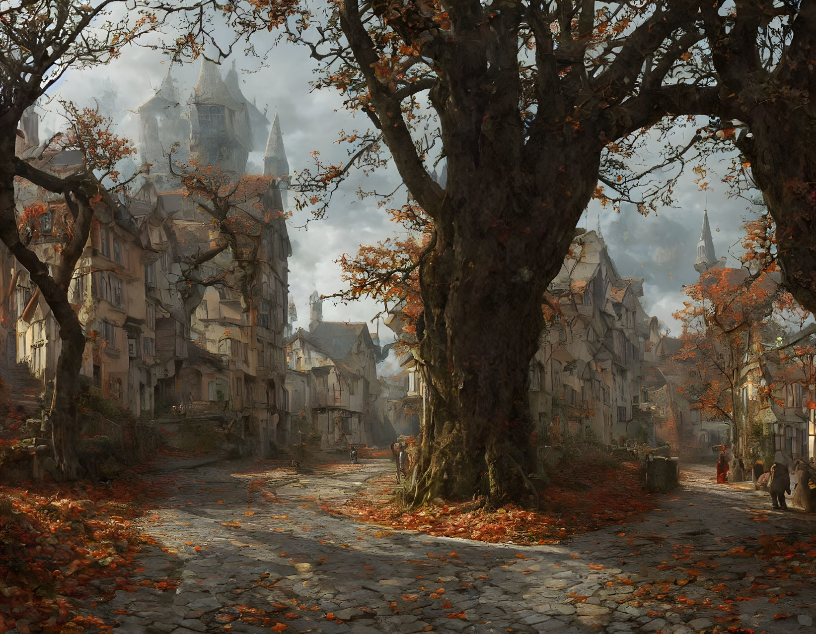 Medieval village street with cobblestone paths, autumnal trees, and quaint houses under a h