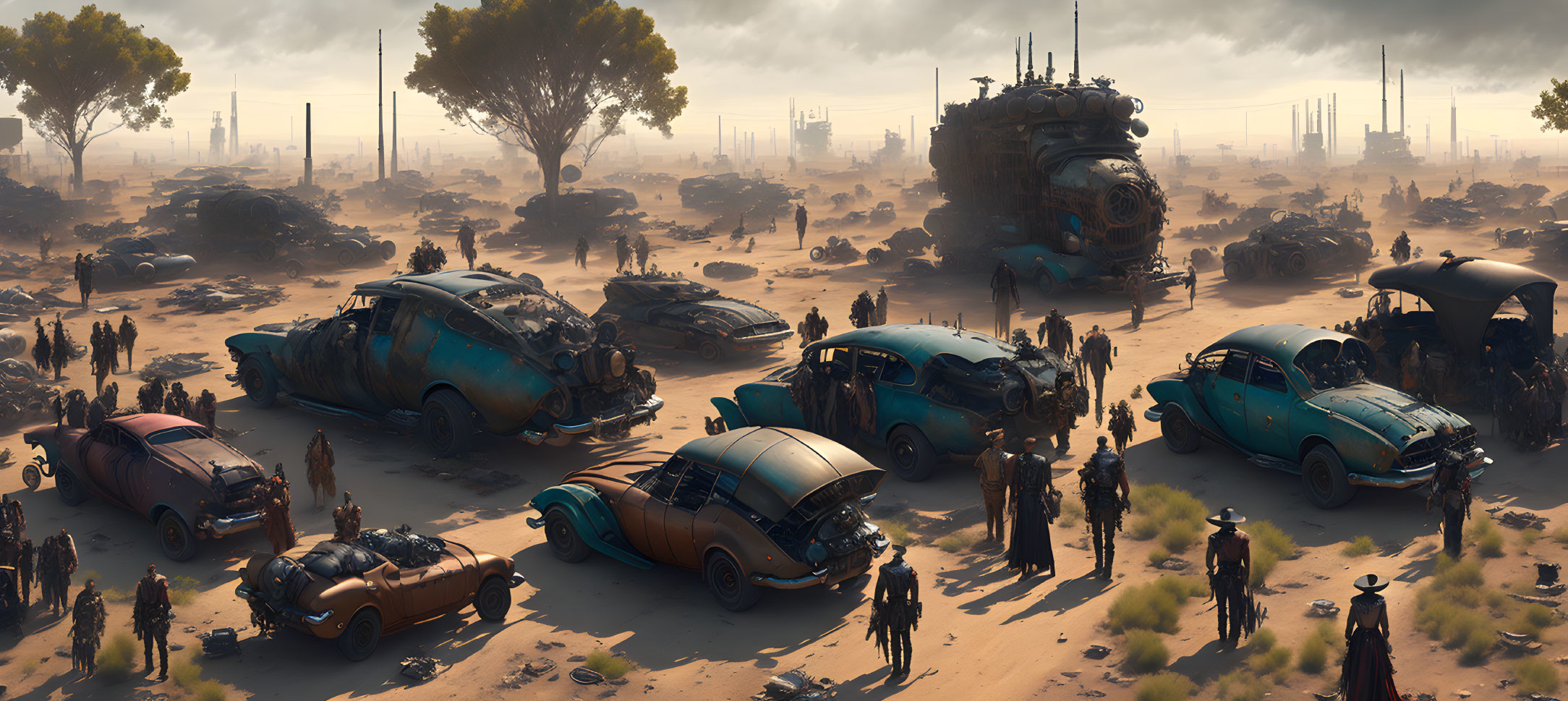Dystopian landscape with rusting vehicles, scattered groups, and decrepit buildings