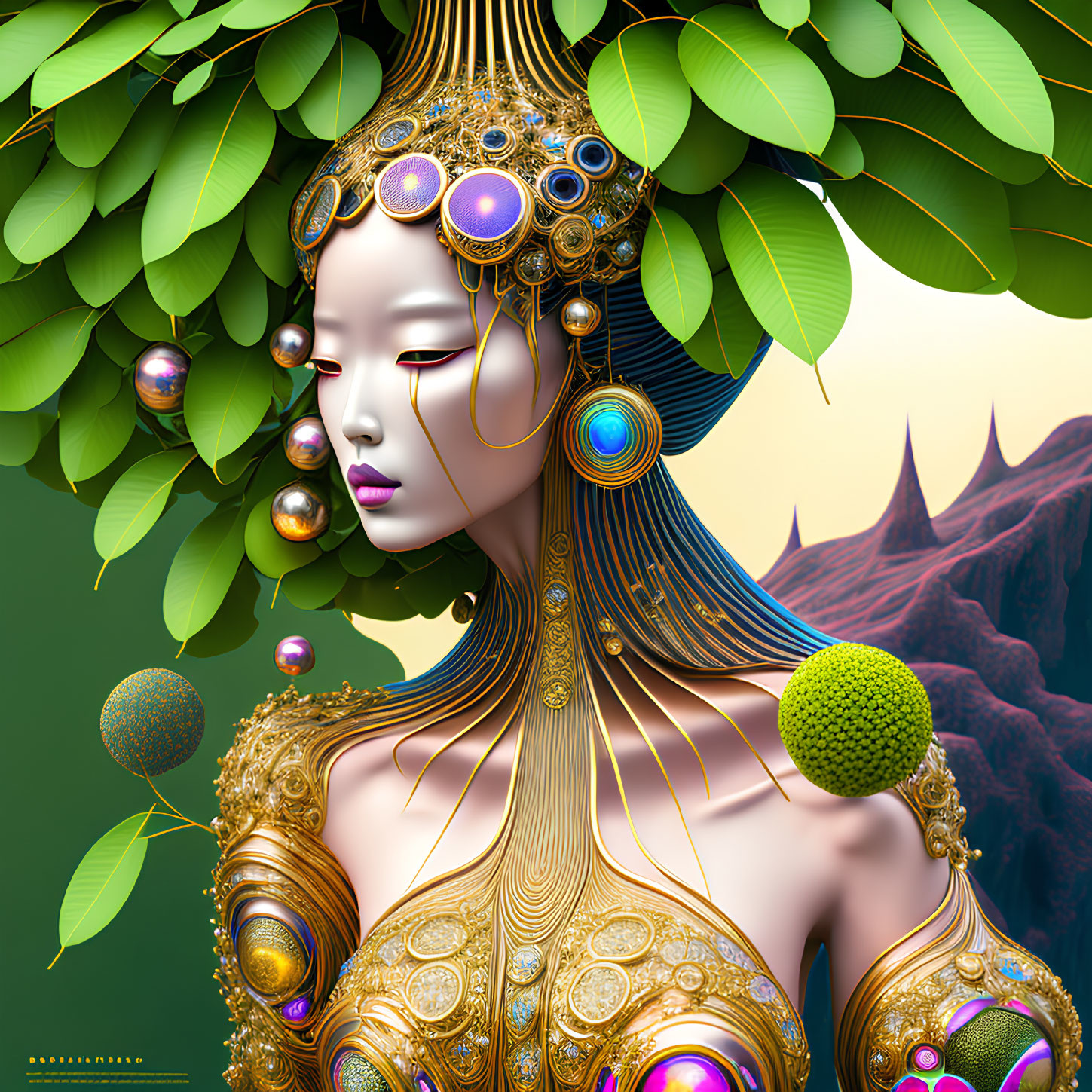 Detailed illustration of stylized female figure with golden headdress and intricate jewelry against mountainous backdrop.