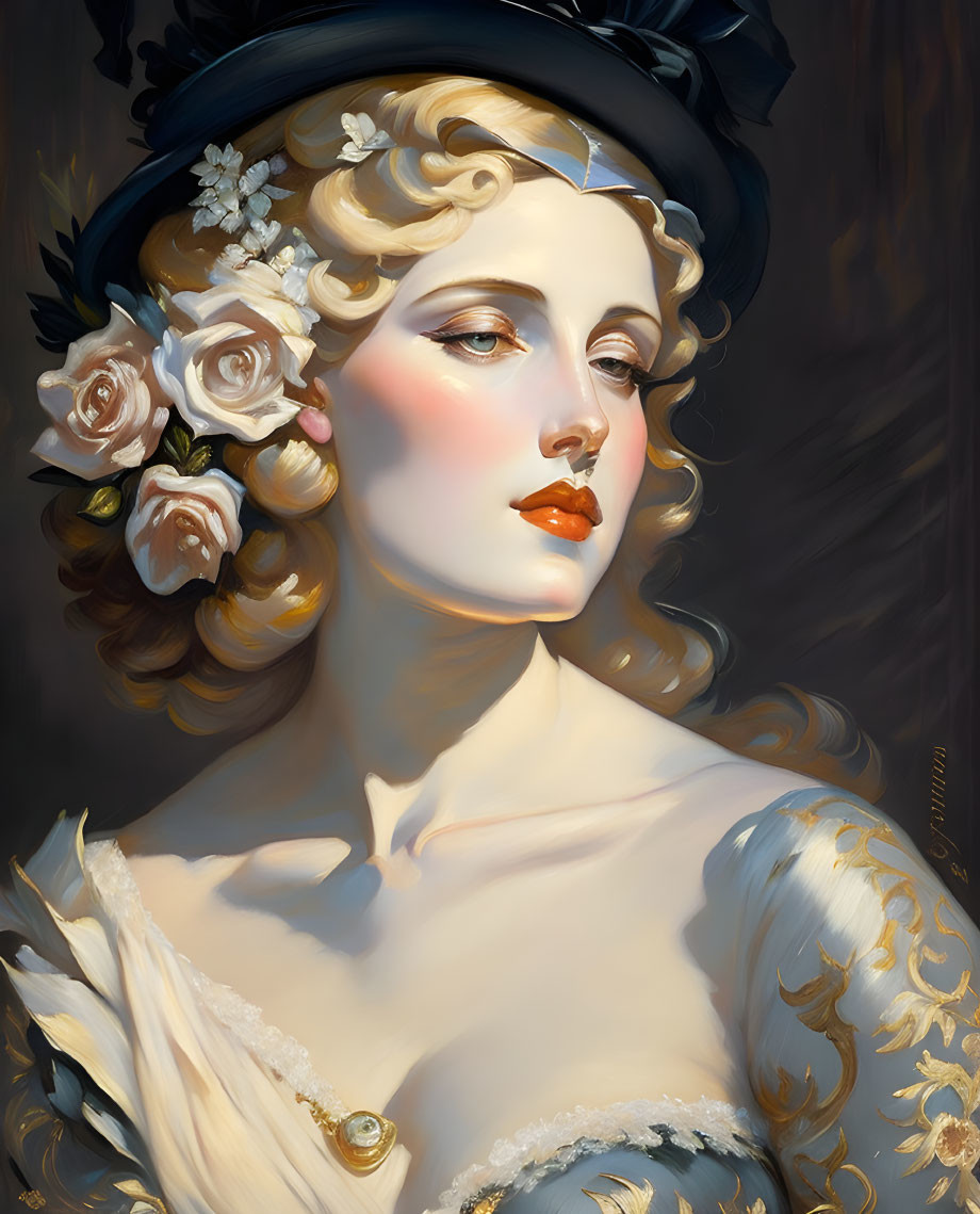 Vintage-inspired portrait of a woman with roses in her hair and a stylish hat on dark backdrop