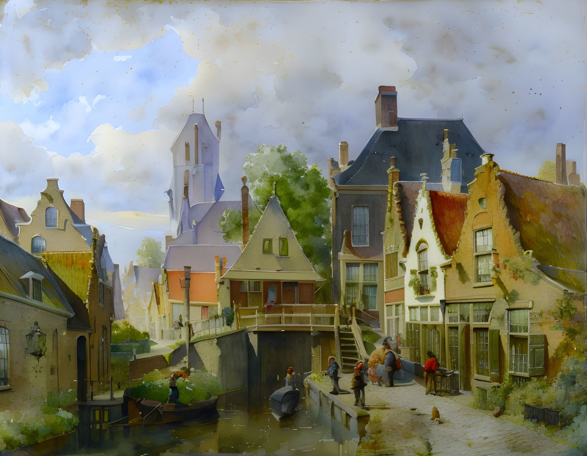 Historic European village scene with canal, boats, old houses, and church spire