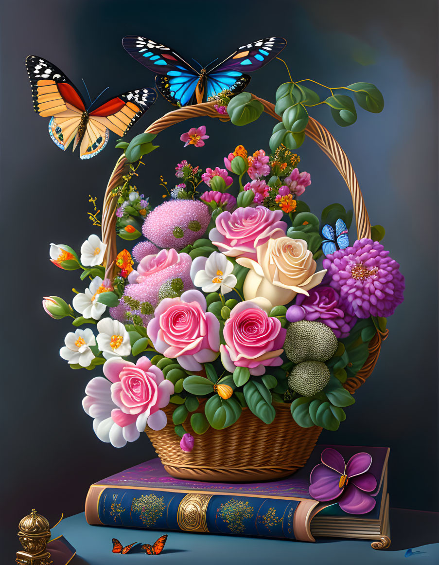 Colorful Flowers in Wicker Basket on Books with Butterflies