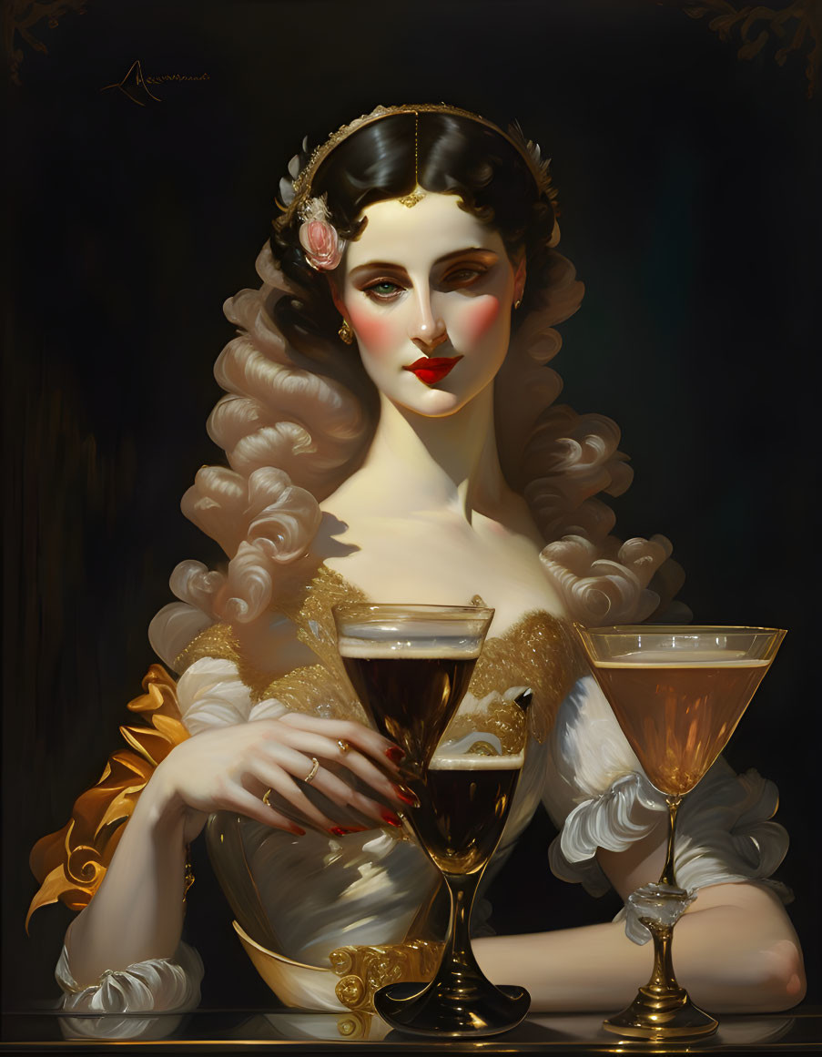 Pale-skinned woman with dark hair and red lips holding a golden chalice against a dark background