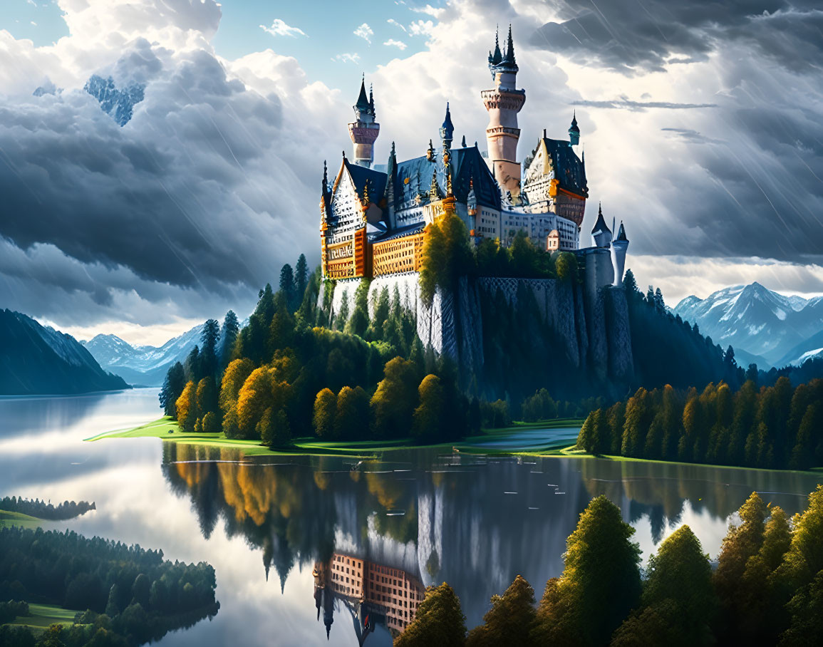 Majestic castle on rugged cliff with towers and spires, reflected in serene lake amidst mountains and