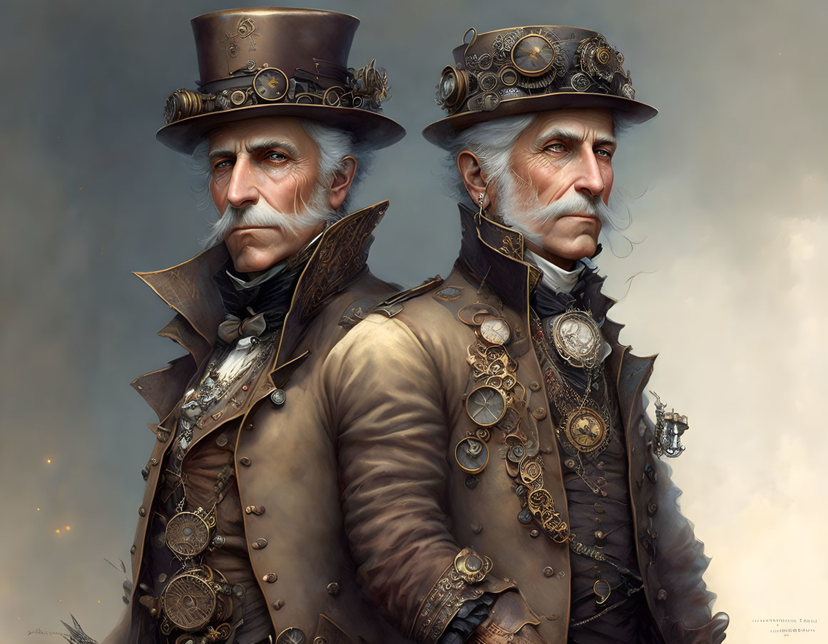 Steampunk-inspired gentlemen with top hats, brass goggles, and white mustaches