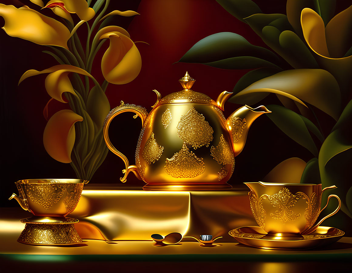 Intricate Gold Teapot Set with Ornate Cups and Dramatic Lighting