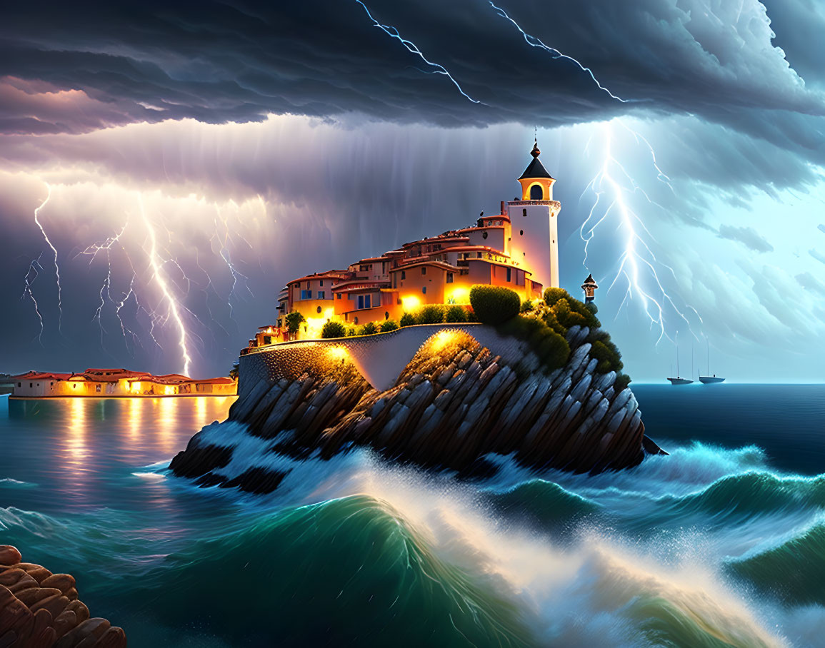 Coastal village on cliff with illuminated buildings, stormy sky, lightning, and turbulent sea waves