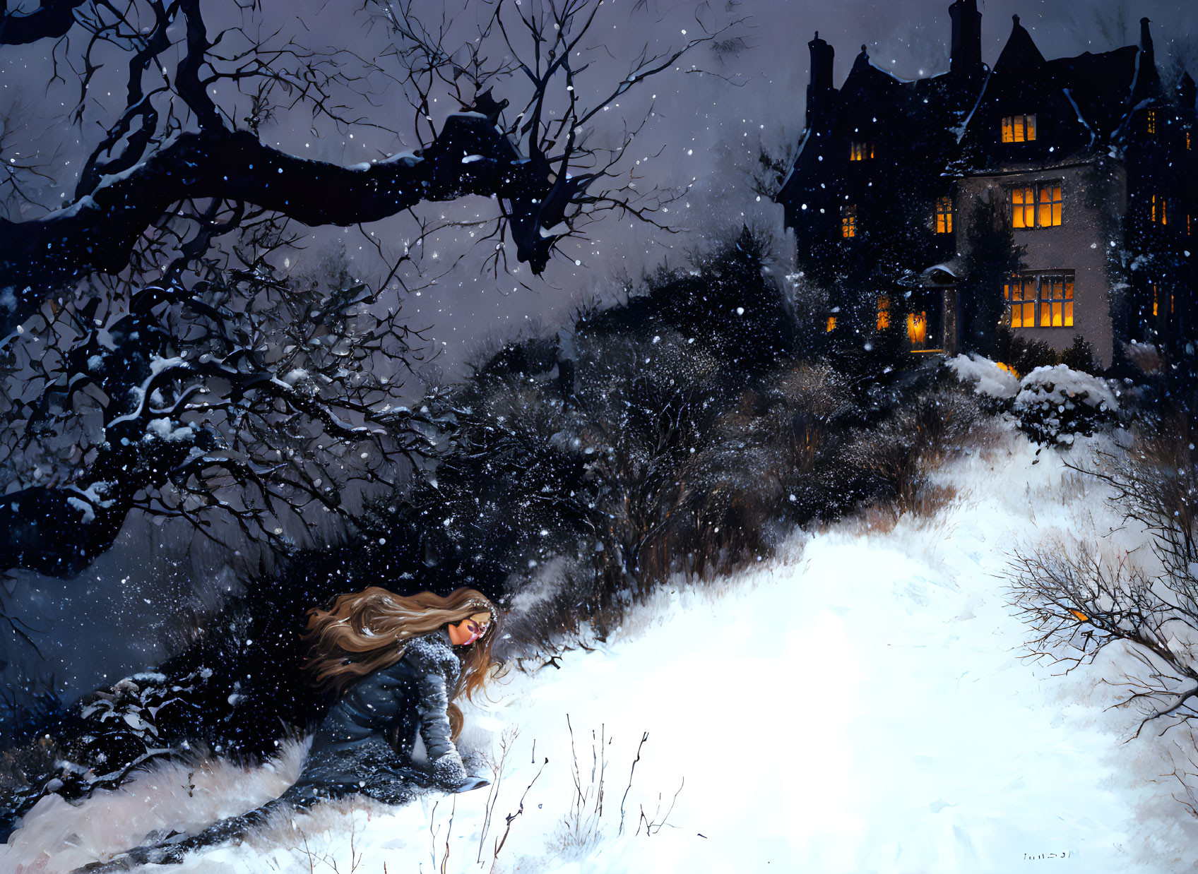 Woman in Dark Coat Approaching Large Lit House on Snowy Night