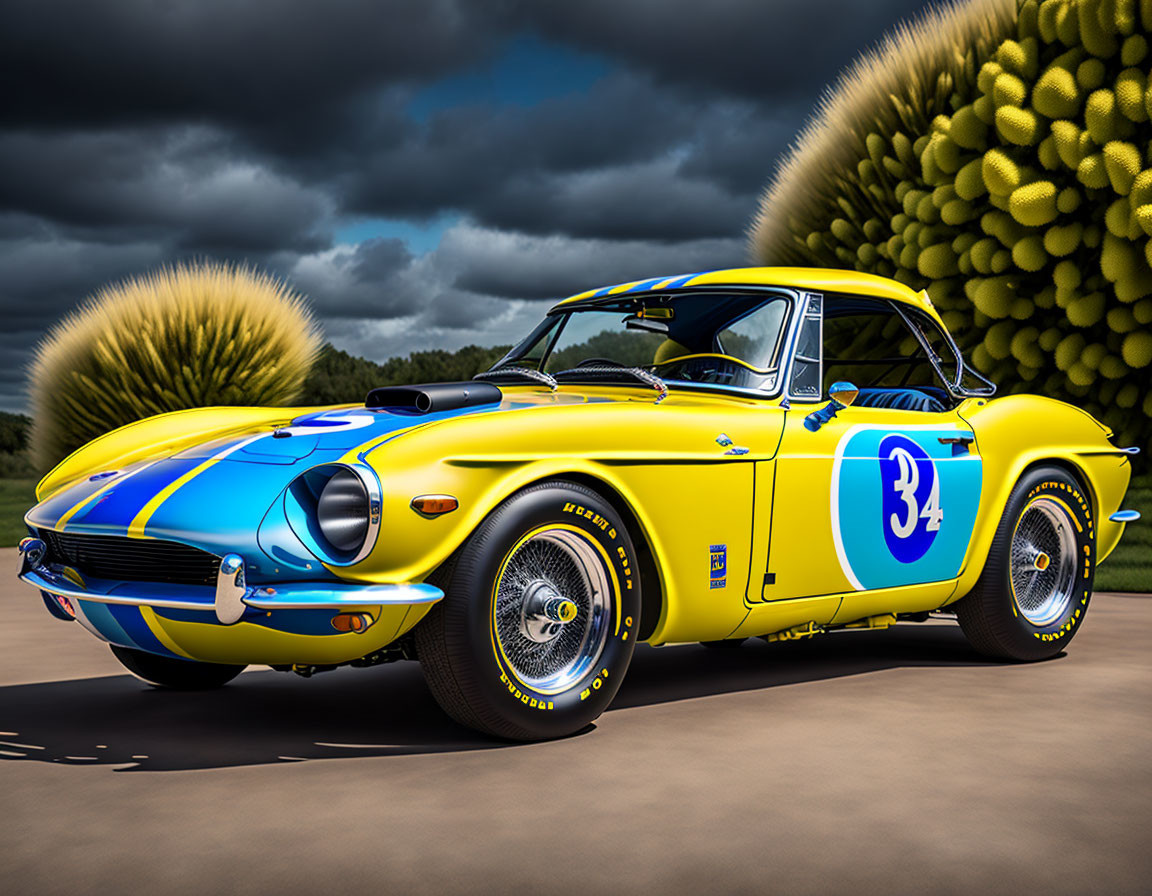 Vintage Yellow Sports Car with Number 34 and Blue Racing Stripes on Surreal Background