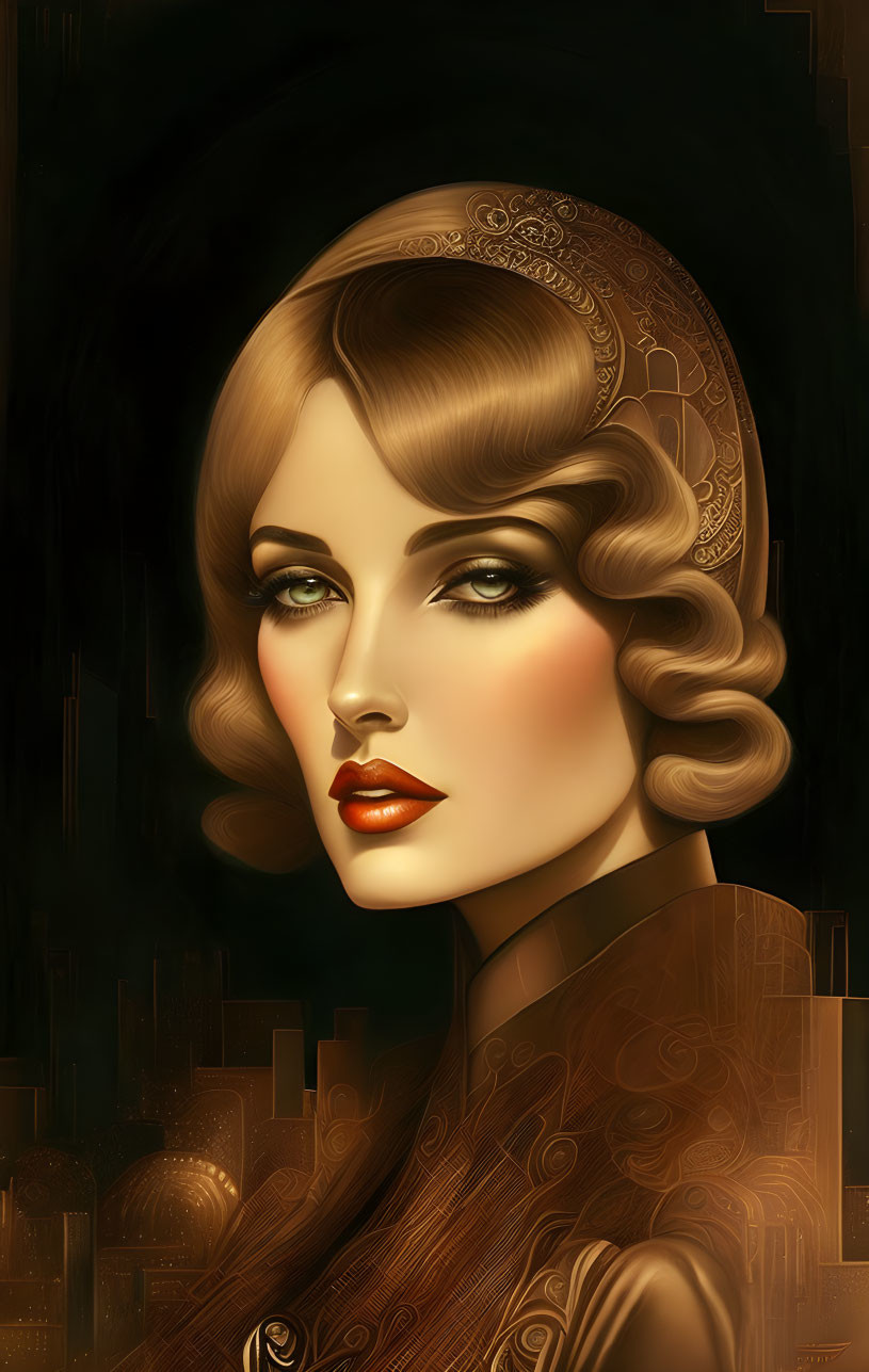 Vintage 1920s-inspired digital portrait with warm tones and art deco style
