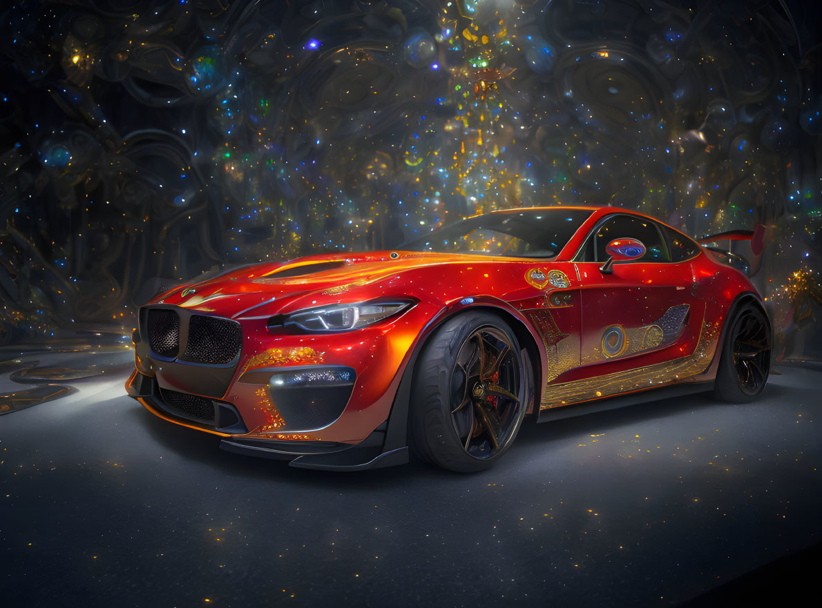 Vibrant red sports car with gold patterns on cosmic background