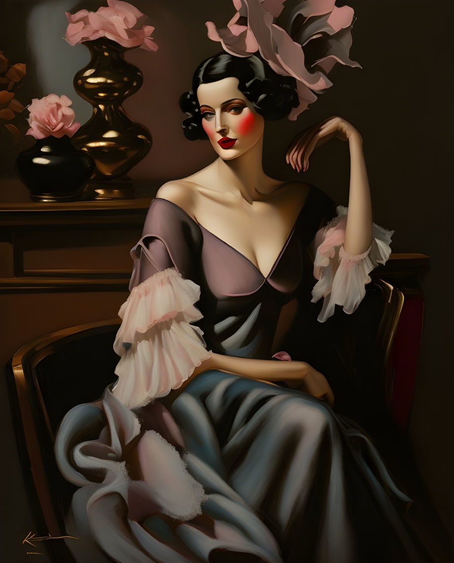 Vintage-inspired portrait of a seated woman with bold red lips and classic hairstyle in off-shoulder gown