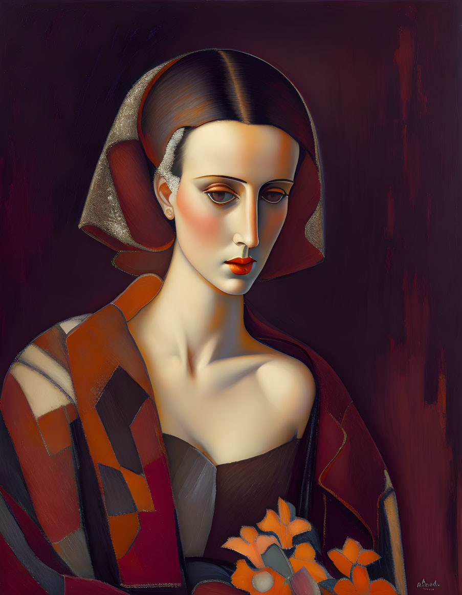 Stylized portrait of woman with pale complexion and dark hair