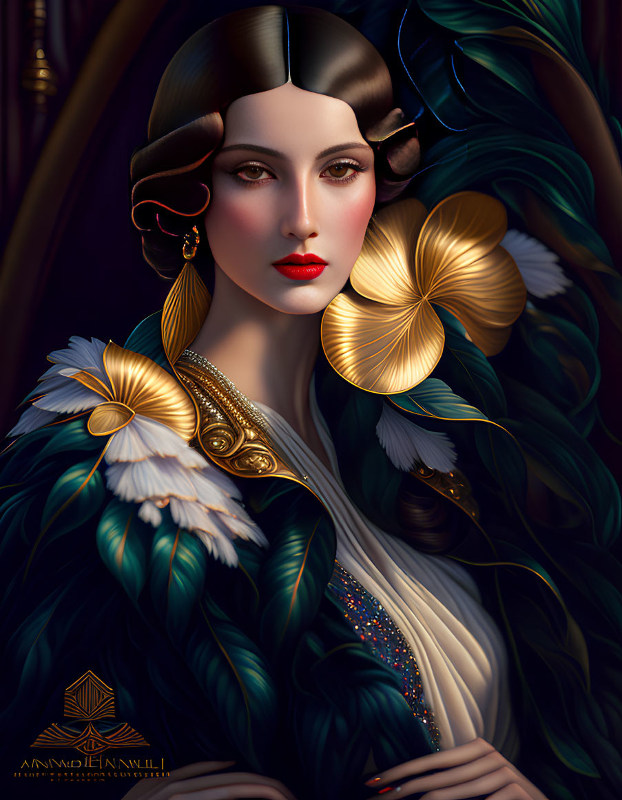 Stylized digital artwork of woman with porcelain skin and lavish blue cloak